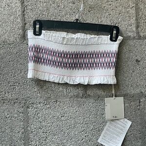 NWT Tibi Smocked Bandeau Top • White w/Black, Blue, Red Embroidery • XS/S